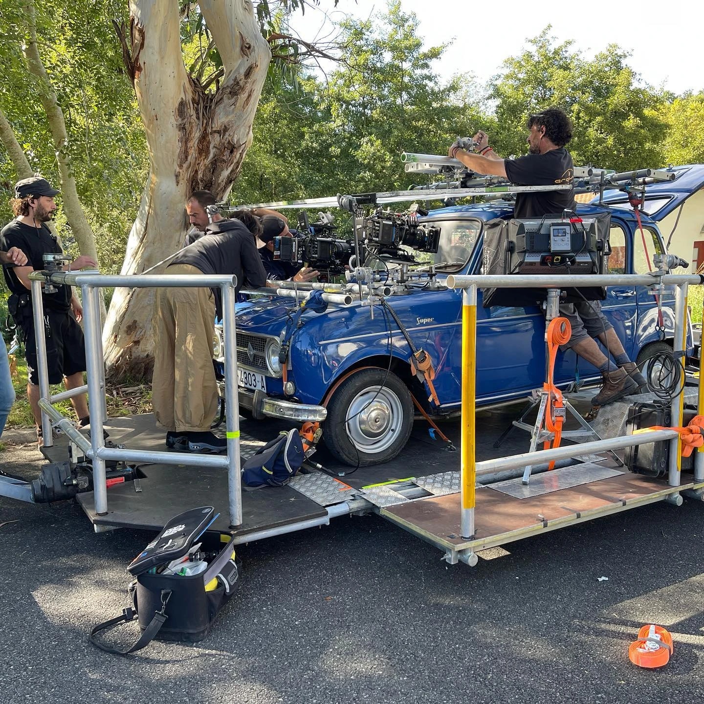 Camera car with MotoCrane Ultra and low loader trailers